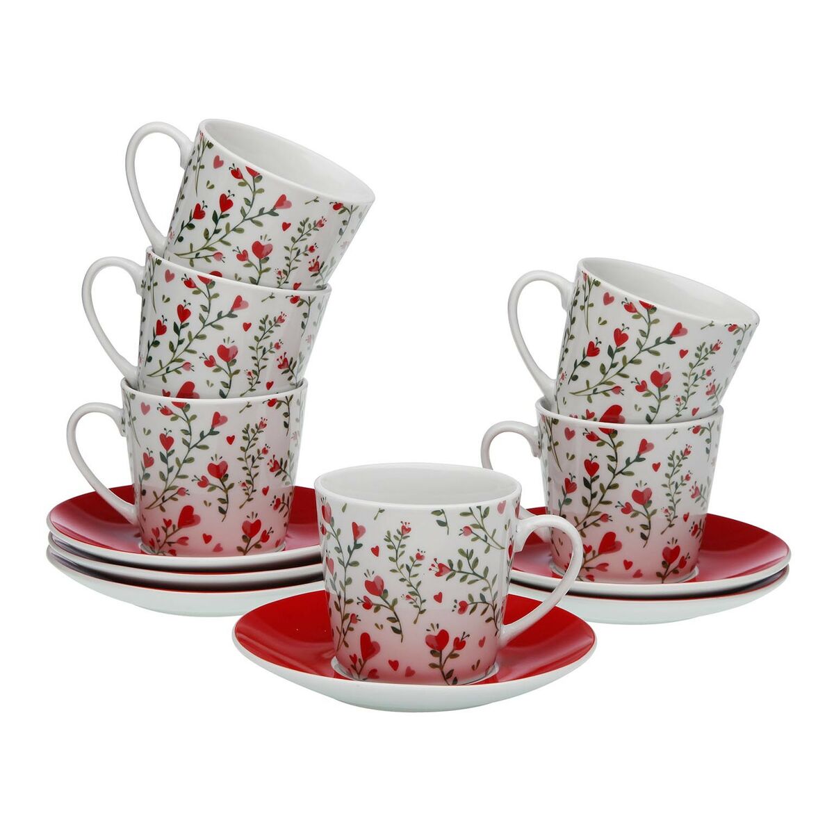 Posliininen kahvikuppisetti 6 osaa, sydänkuvio - mukit 10,5×8×6 cm, lautaset 14×14×2 cm