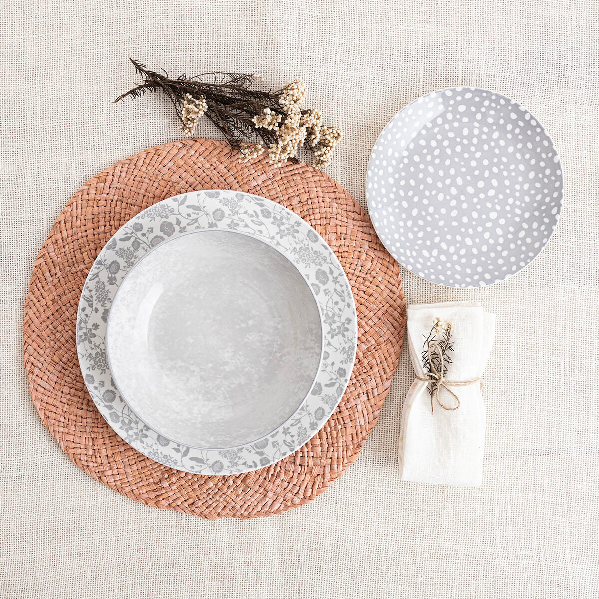 Astiasetti 18 osaa keraaminen harmaa, lautaset & kulhot, kuviollinen kattaus