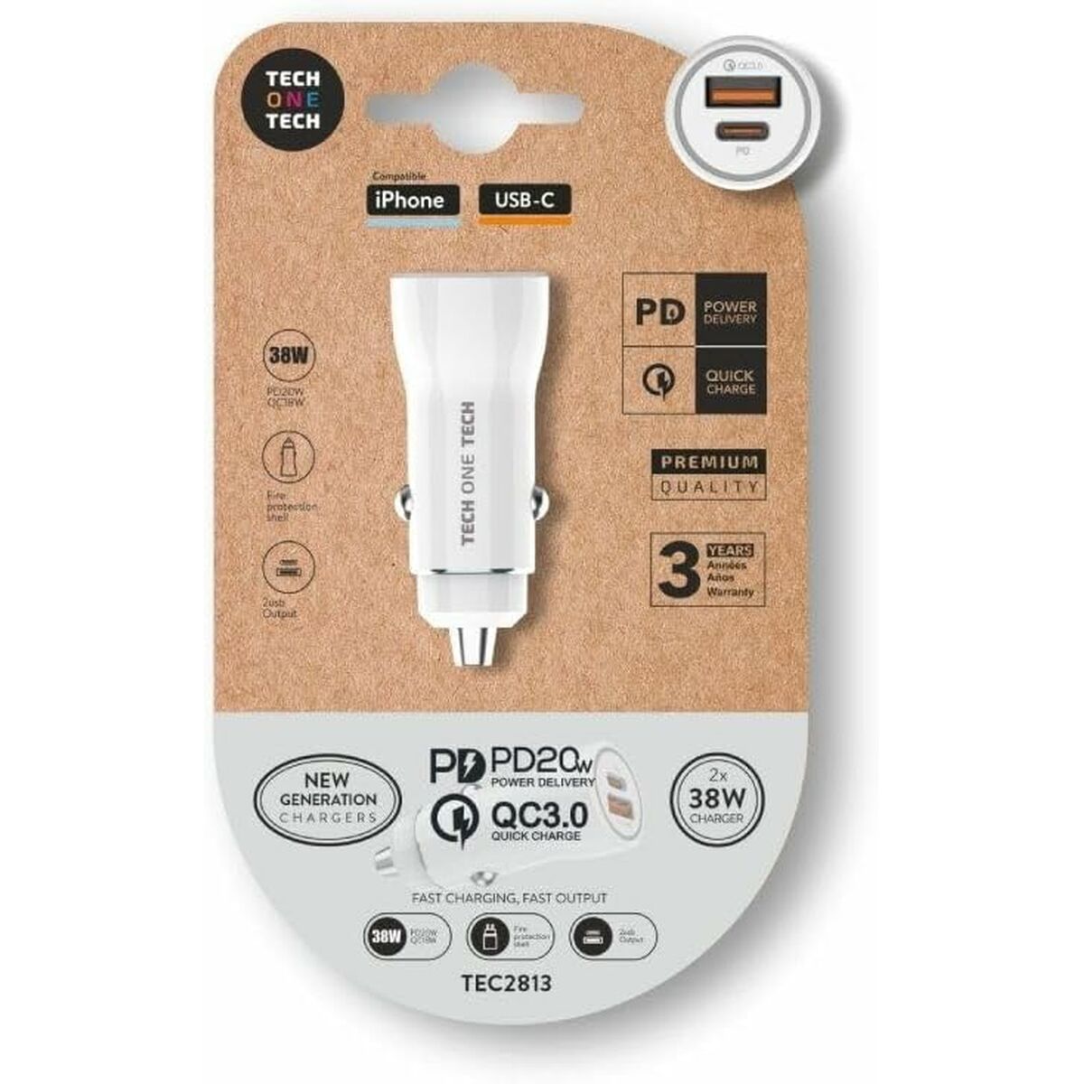 Autolaturi 38 W, USB-C + USB-A, valkoinen, 2-porttinen autoon Tech One Tech