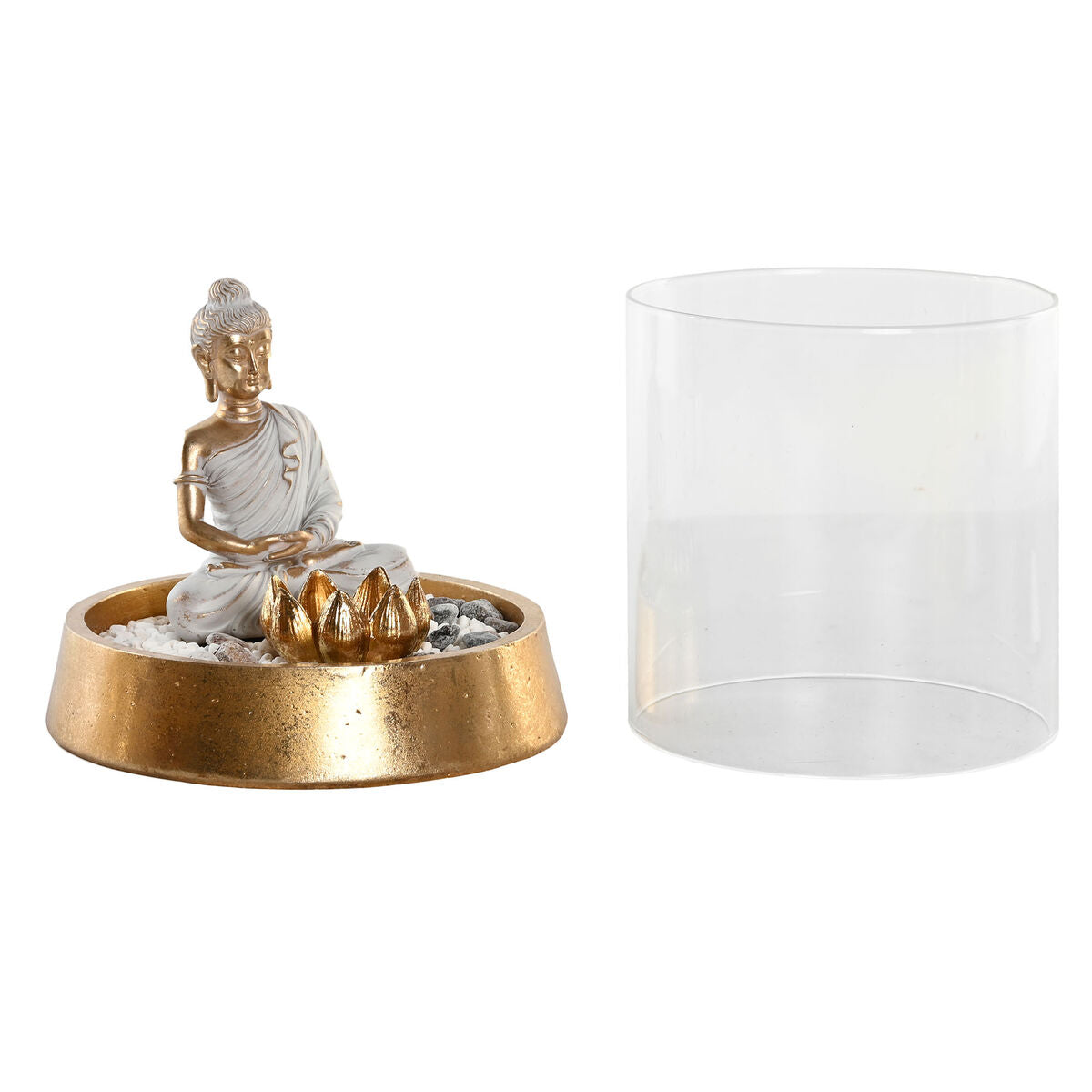 Buddha koristehahmo itämainen kullattu & hopea lasikuvulla 2 kpl, 16 x 16 x 18 cm