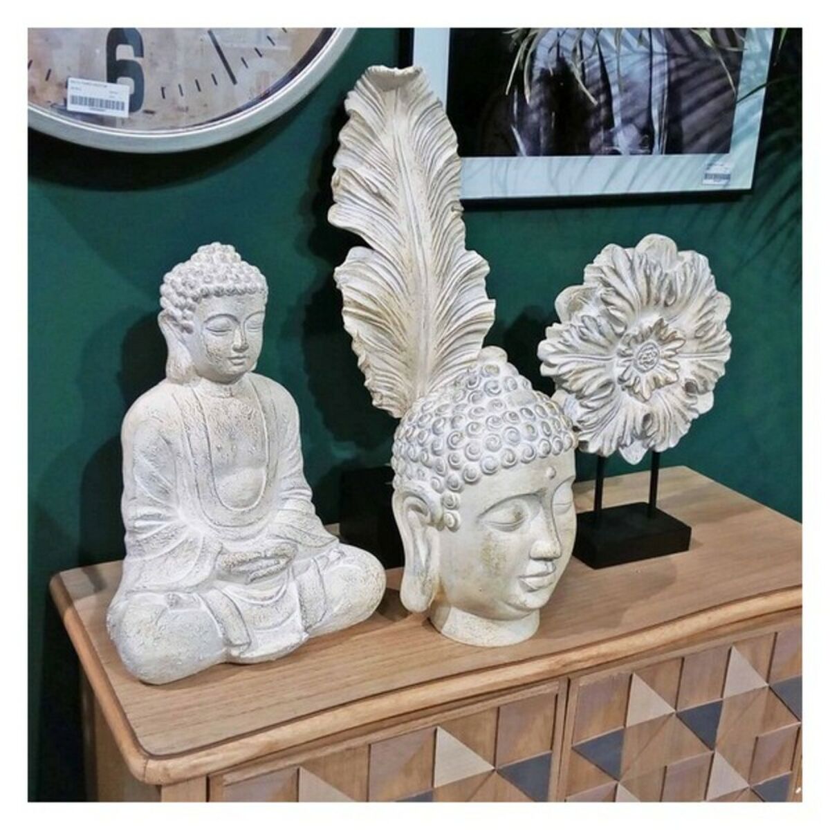 Buddha-pää koristepatsas, resiini, pyöreä muoto 19×26×18 cm