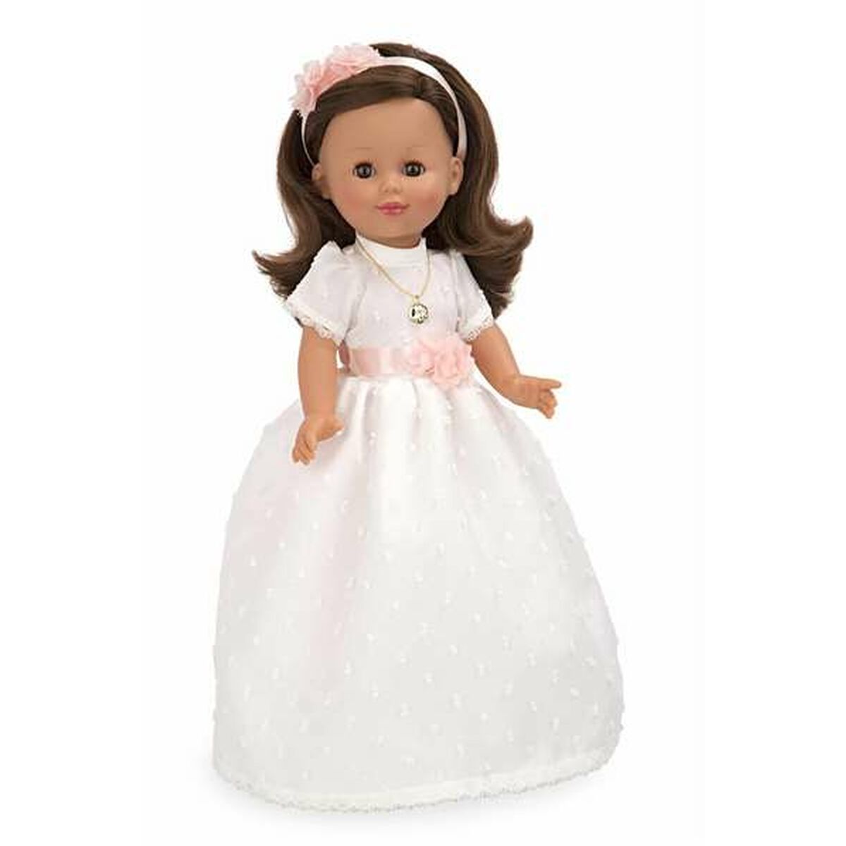 Ehtoollisnukke 42 cm, ruskeat hiukset, valkoinen pitsimekko, lapsille, Arias