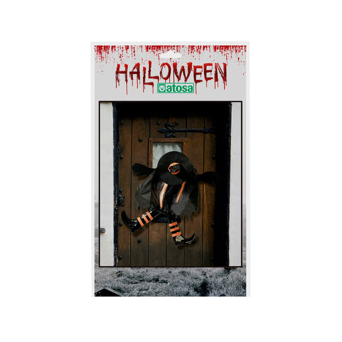 Halloween-koriste noita, seinä- ja ovikoriste, musta hattu & raidalliset sukat