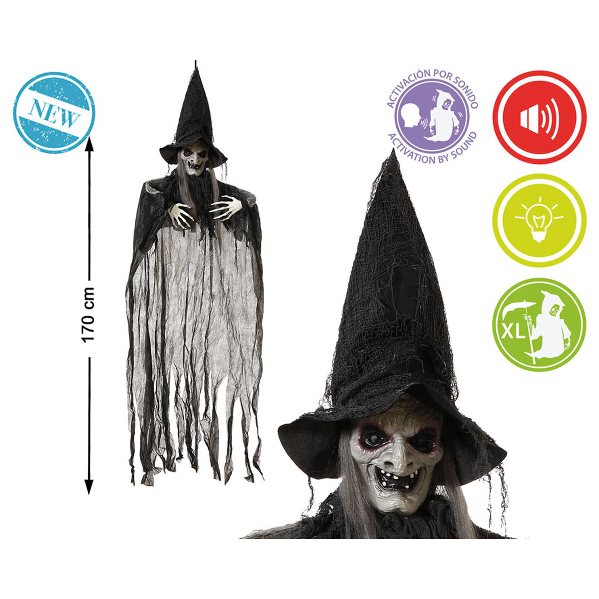 Halloween-noita 170 cm, ripustettava koriste, valo & ääni, pelottava kauhuhahmo