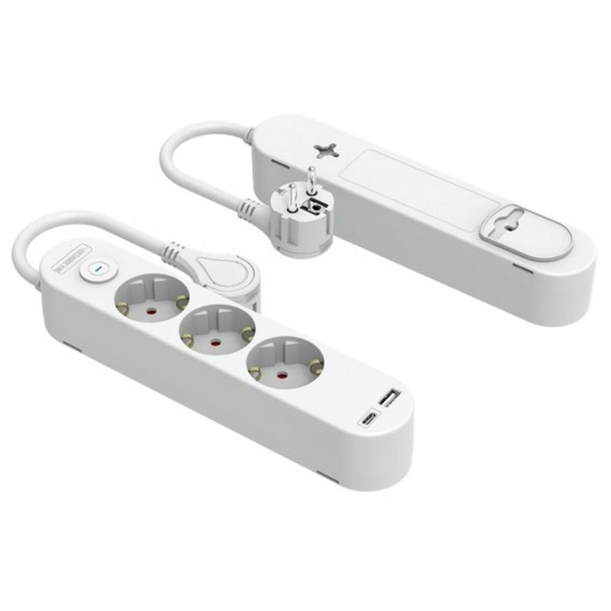 3-pistokkeinen jatkojohto virtakytkimellä, USB-lataus, valkoinen kotikäyttöön