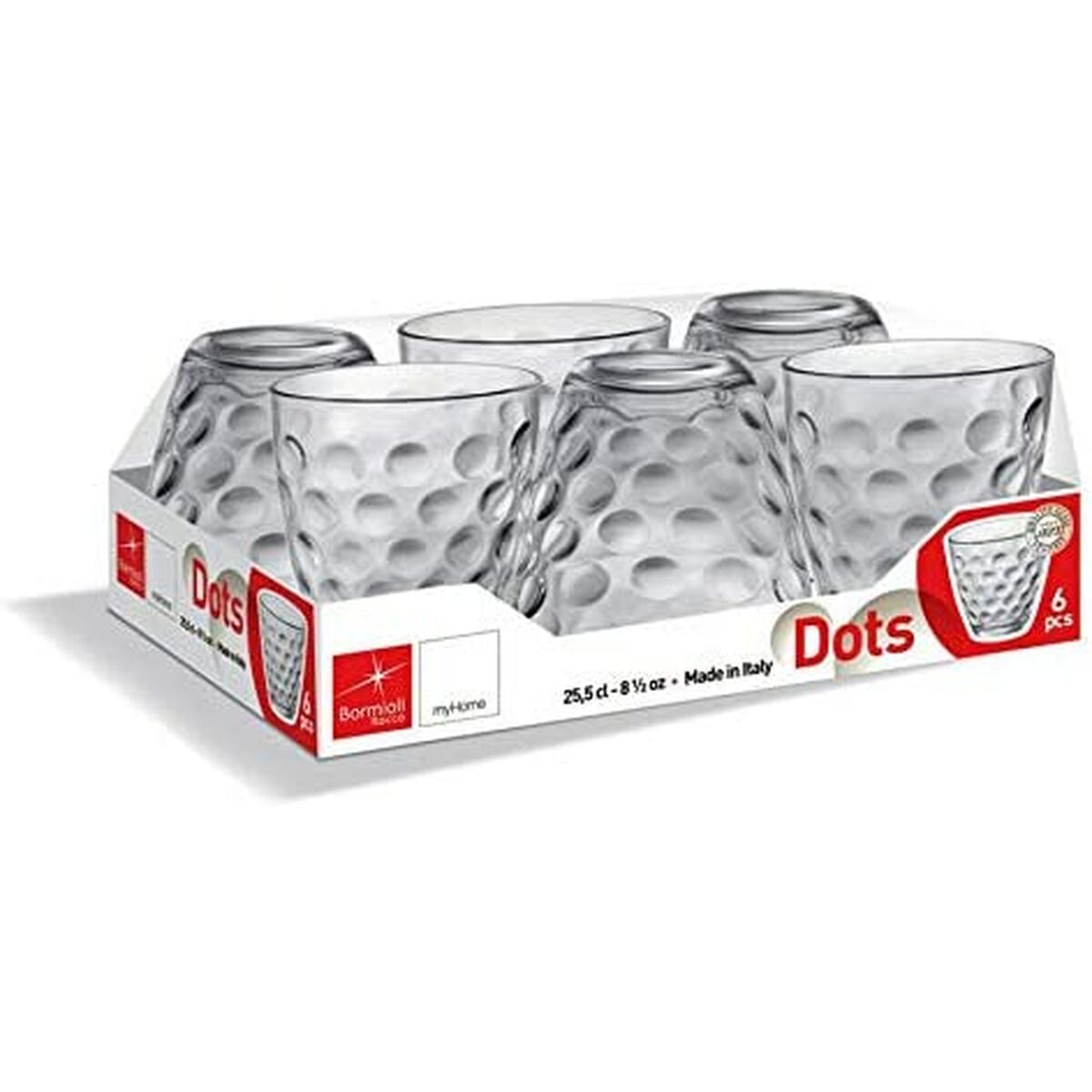 Juomalasit 250 ml, kohokuvioitu Dots-malli, lasisetti arkeen & juhlaan, keittiöön