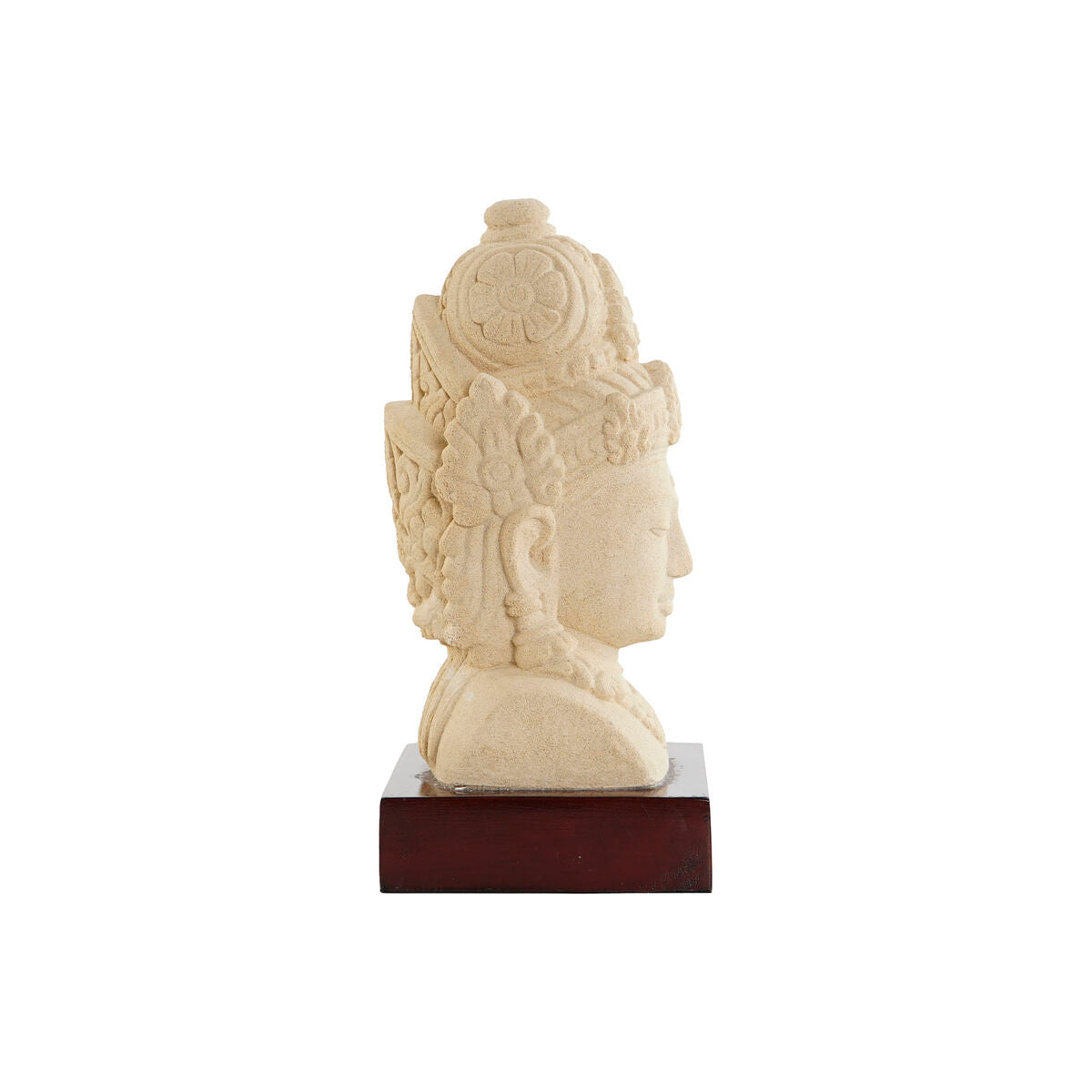 Koristepatsas buddha-pää, sementti & puualusta, 21 x 17 x 37 cm, ruskea