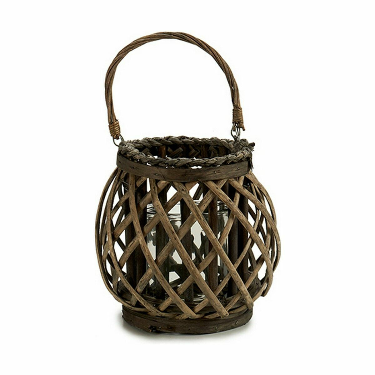 Kynttilälyhty punottu kori lasi-sisällä, ruskea/harmaa, 29,5x24x22 cm (6 kpl)