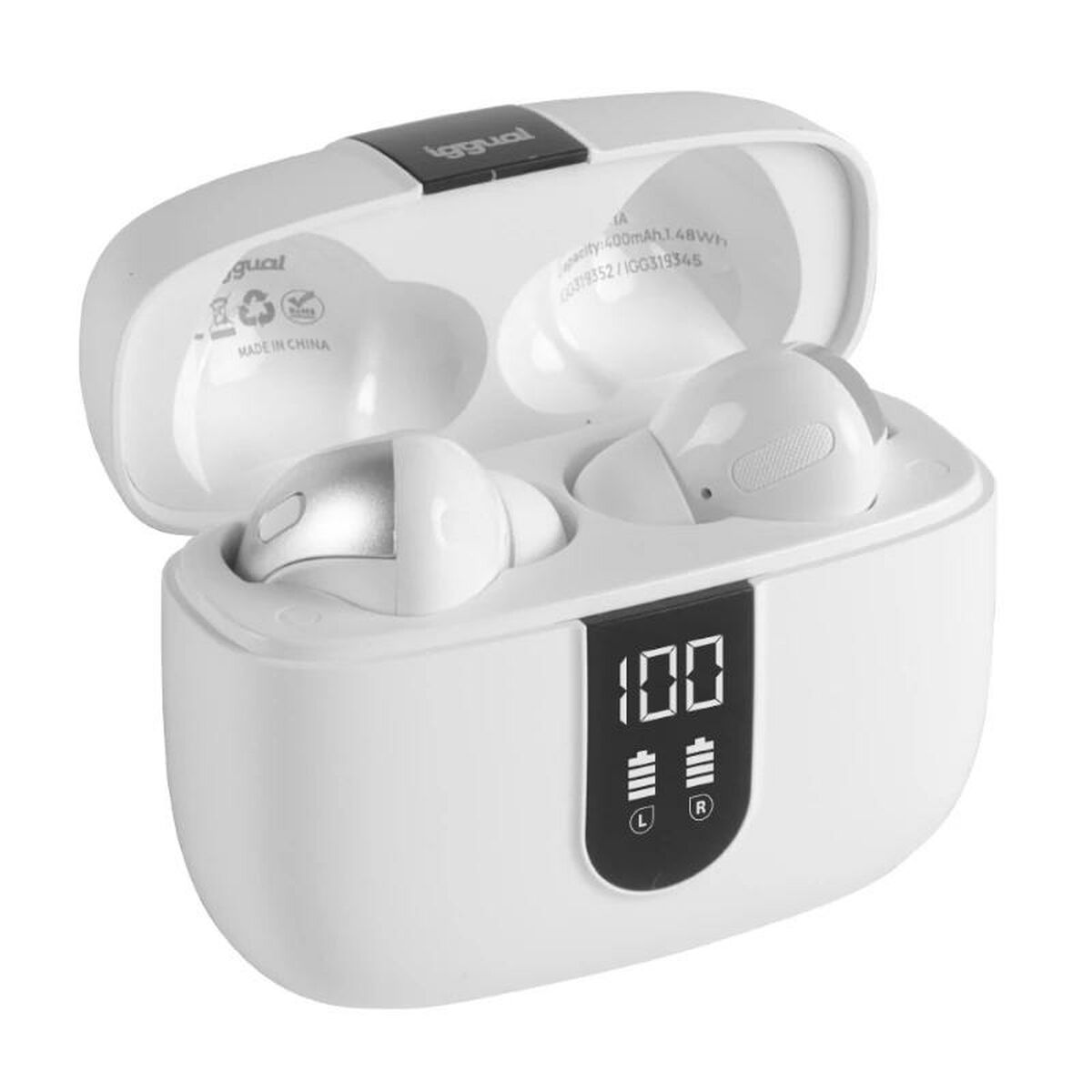 Langattomat in-ear Bluetooth-kuulokkeet, latauskotelo näytöllä valkoinen iggual