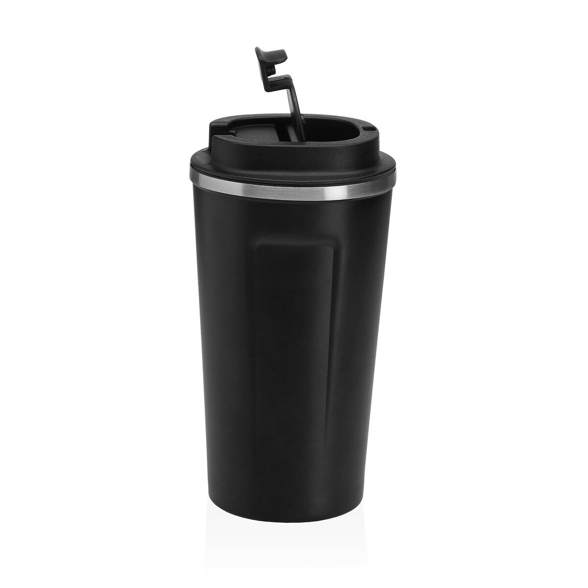 Matkamuki 510 ml musta - kannellinen juomamuki, teräsrunko & polypropeeni kansi