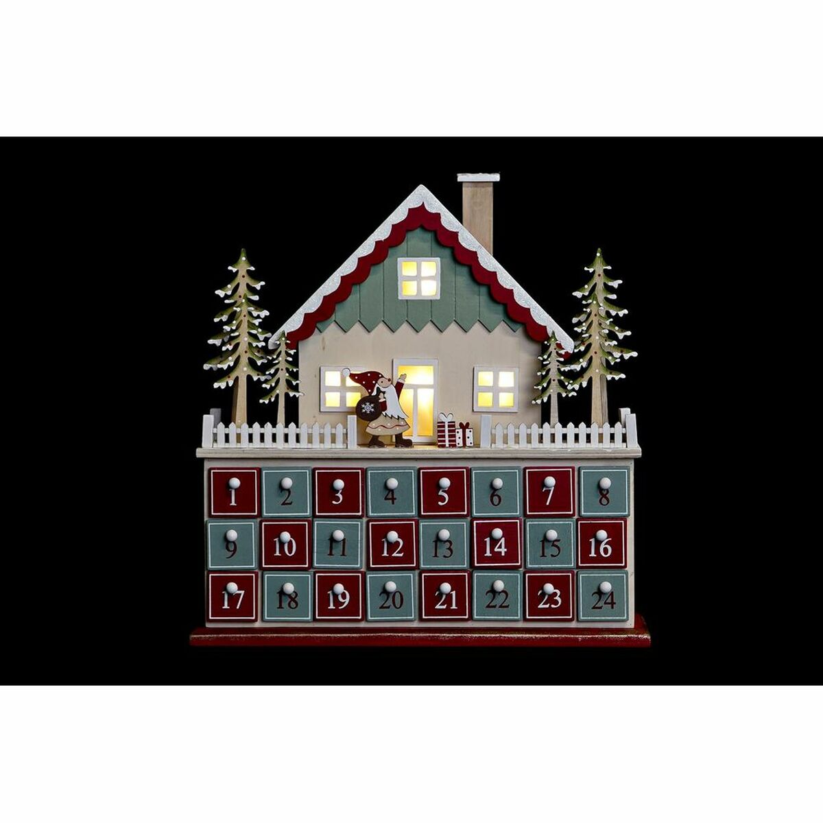 Adventtikalenteri puinen LED 24 luukkua, joulukoriste - 2 kpl, 32 x 8 x 33 cm