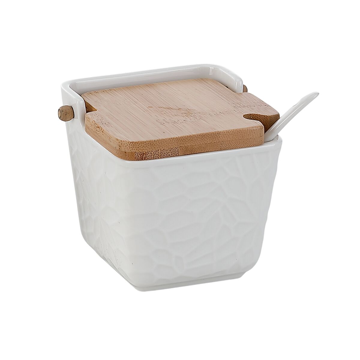 Sokeriastia bambukannella, valkoinen kuvioitu posliini 10,5×9×9 cm ruokapöytään