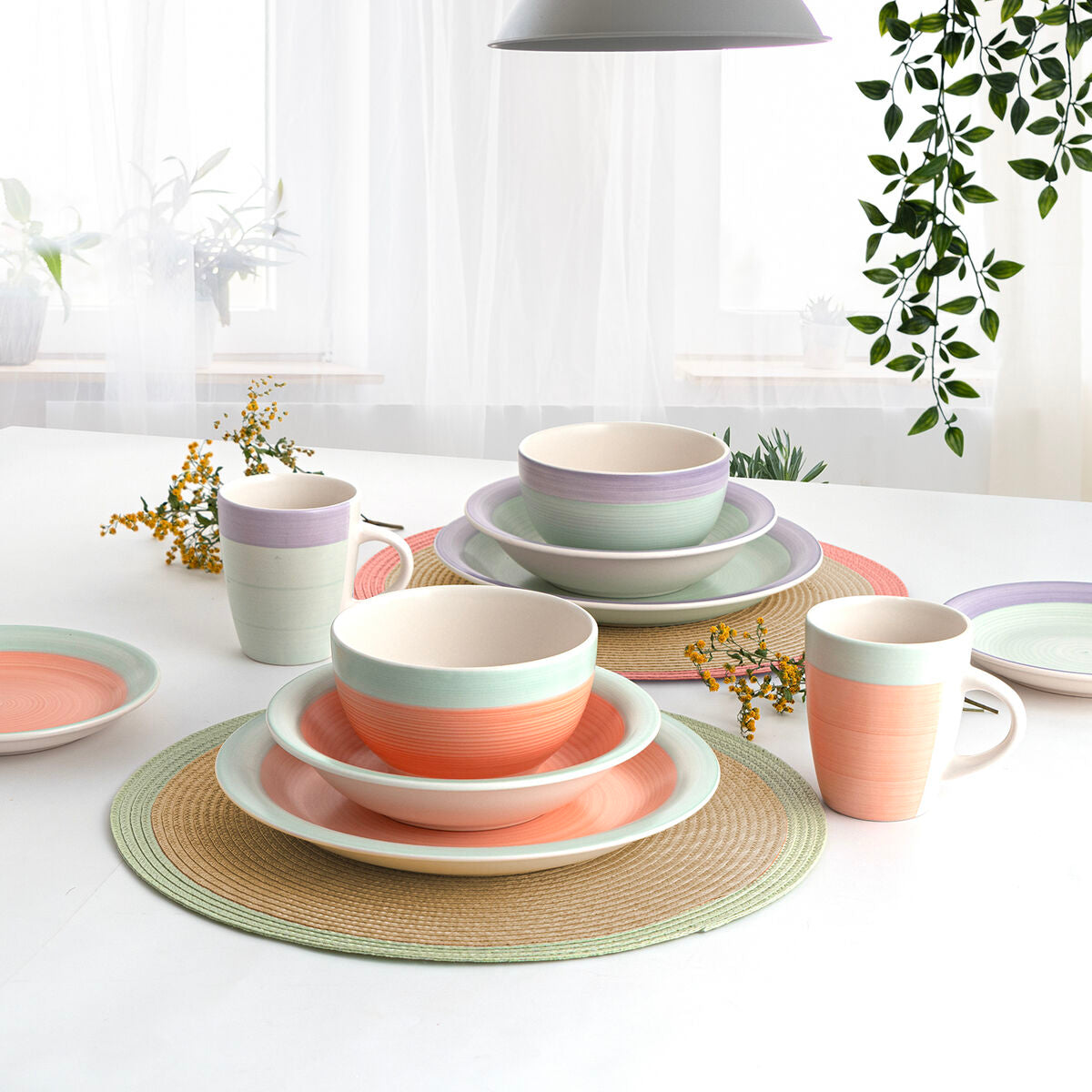 Syvät lautaset 21,5 cm keraaminen, vihreä & purppura, käsinmaalattu, 12 kpl