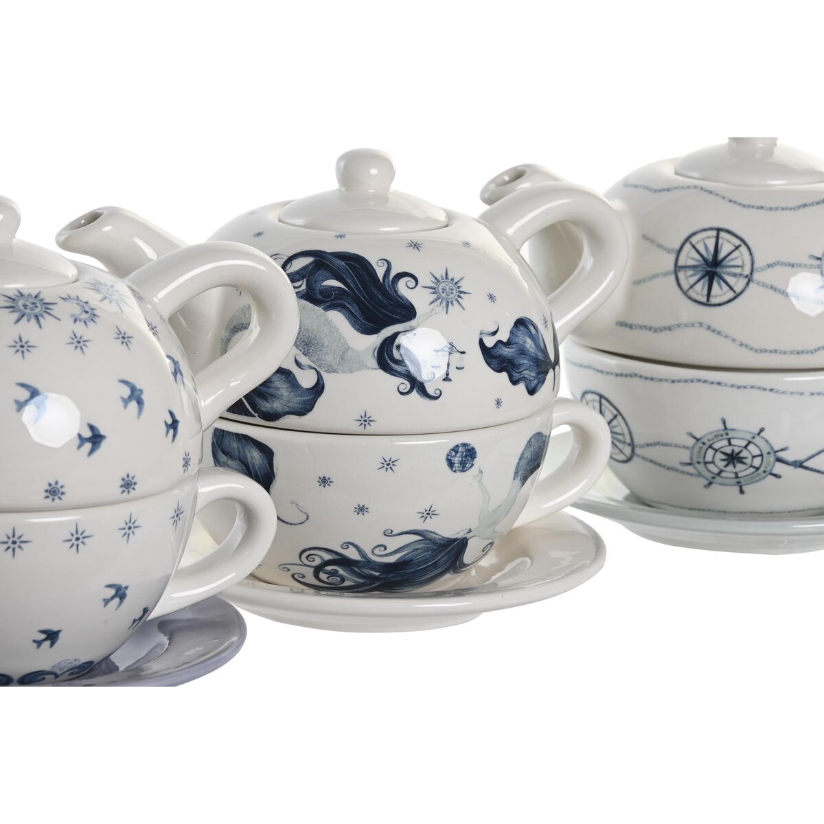 Teeastiasto 750 ml dolomiitti, sinivalkoinen 3 osaa - teekannu, kuppi, lautanen