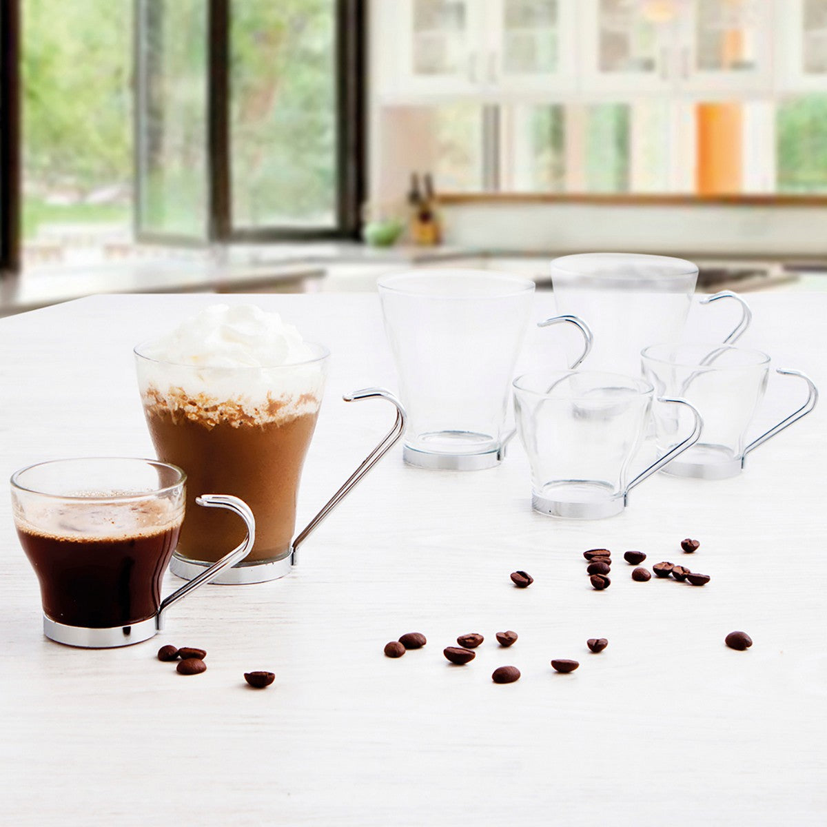 Espressokuppisetti 3 kpl 110 ml, konepesun kestävä läpinäkyvä lasi & teräskahva