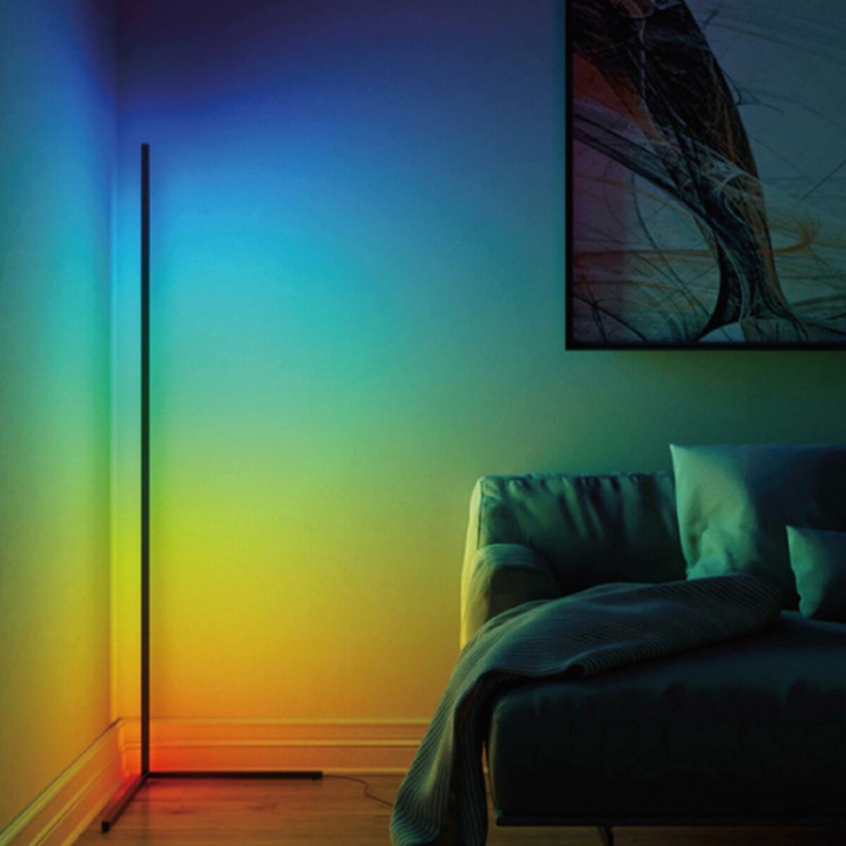 LED-lattialamppu RGB 12 W 140 cm, musta, EU-pistoke – tunnelmavalo sisäkäyttöön – Musta lattiavalaisin Pistorasiaan kytket…