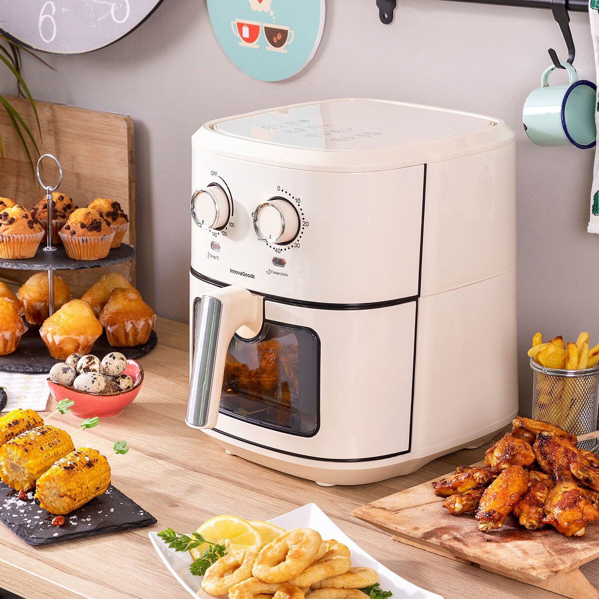 Vintager Airfryer 6,5 L 1700 W retro kiertoilmauuni 360° ajastin, kerma – vintage ilmapaistinuuni – kuva 1