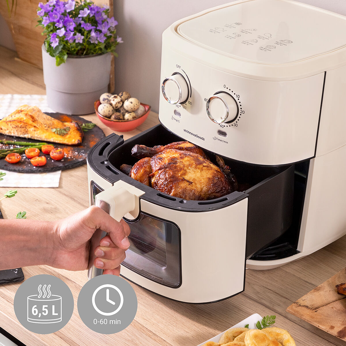 Vintager Airfryer 6,5 L 1700 W retro kiertoilmauuni 360° ajastin, kerma – perhekokoinen keittiölaite – kuva 2