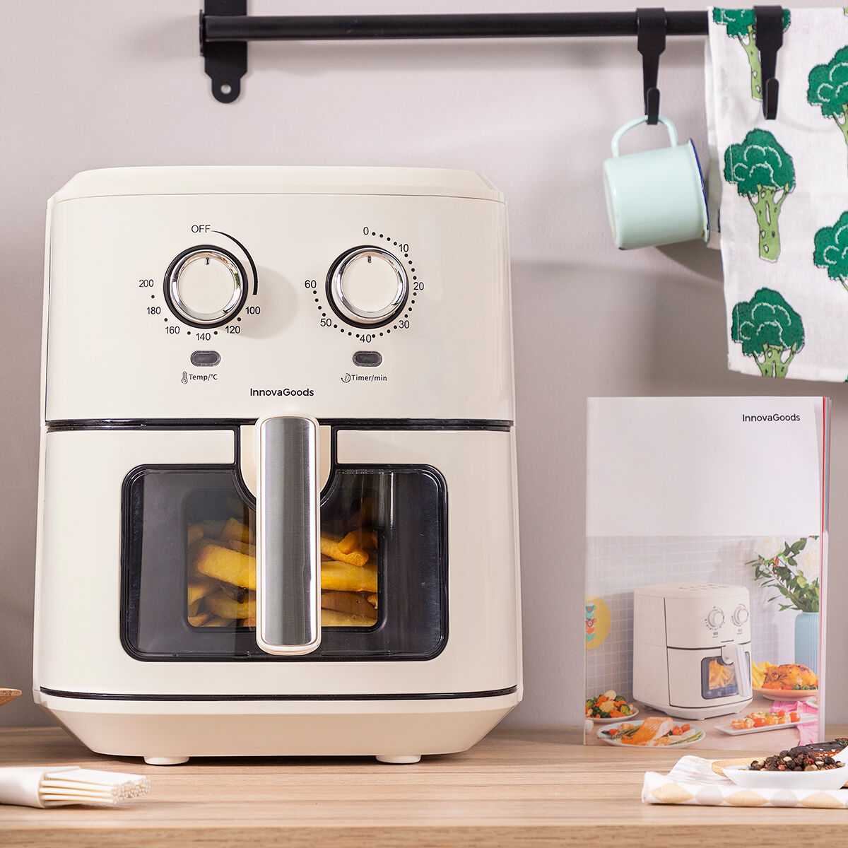 Vintager Airfryer 6,5 L 1700 W retro kiertoilmauuni 360° ajastin, kerma – lahja kotiin reseptikirja – kuva 7