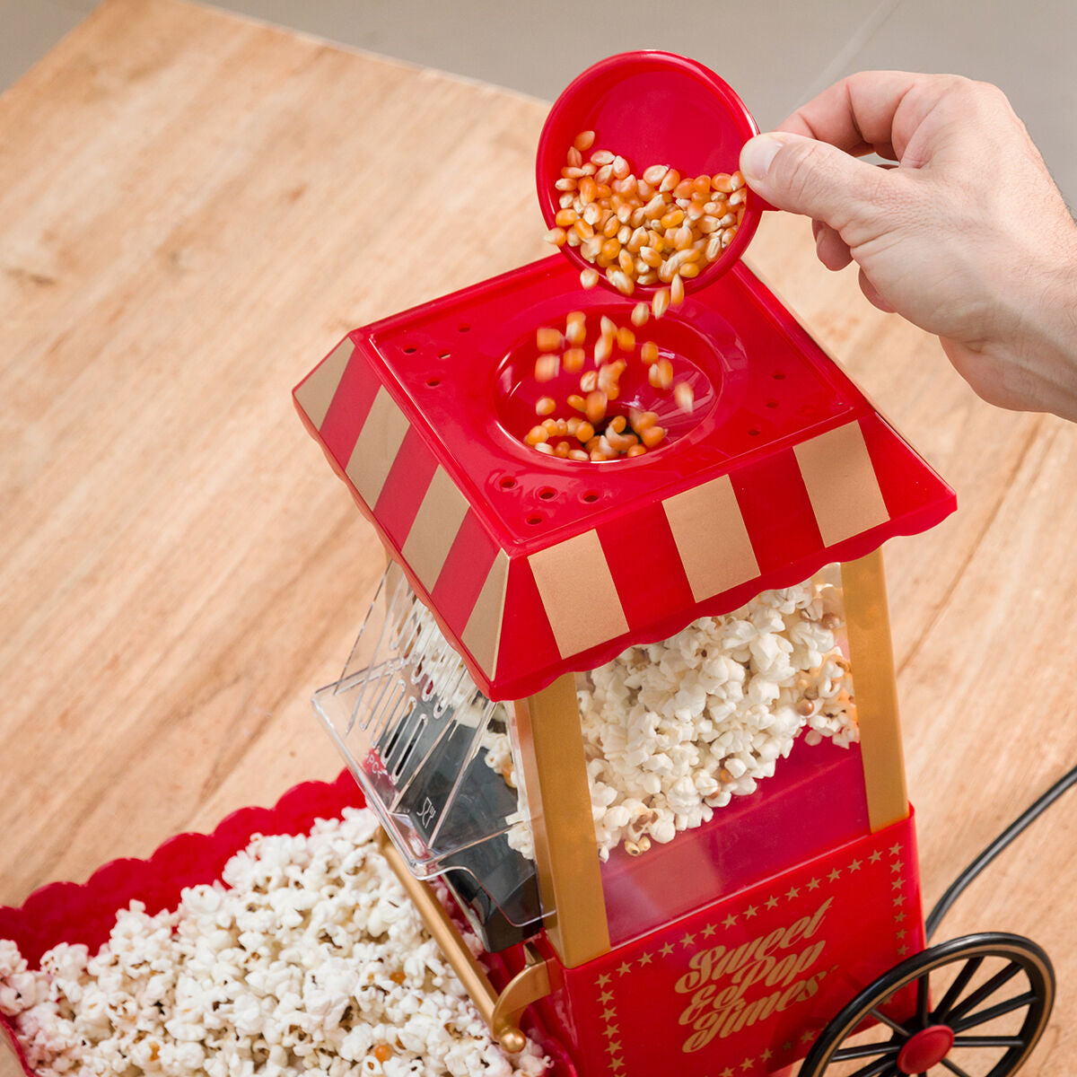 Popcornkone kuumailma, rasvaton/öljytön vintage-kärry 1200 W – syksyn juhlat retro design – kuva 5