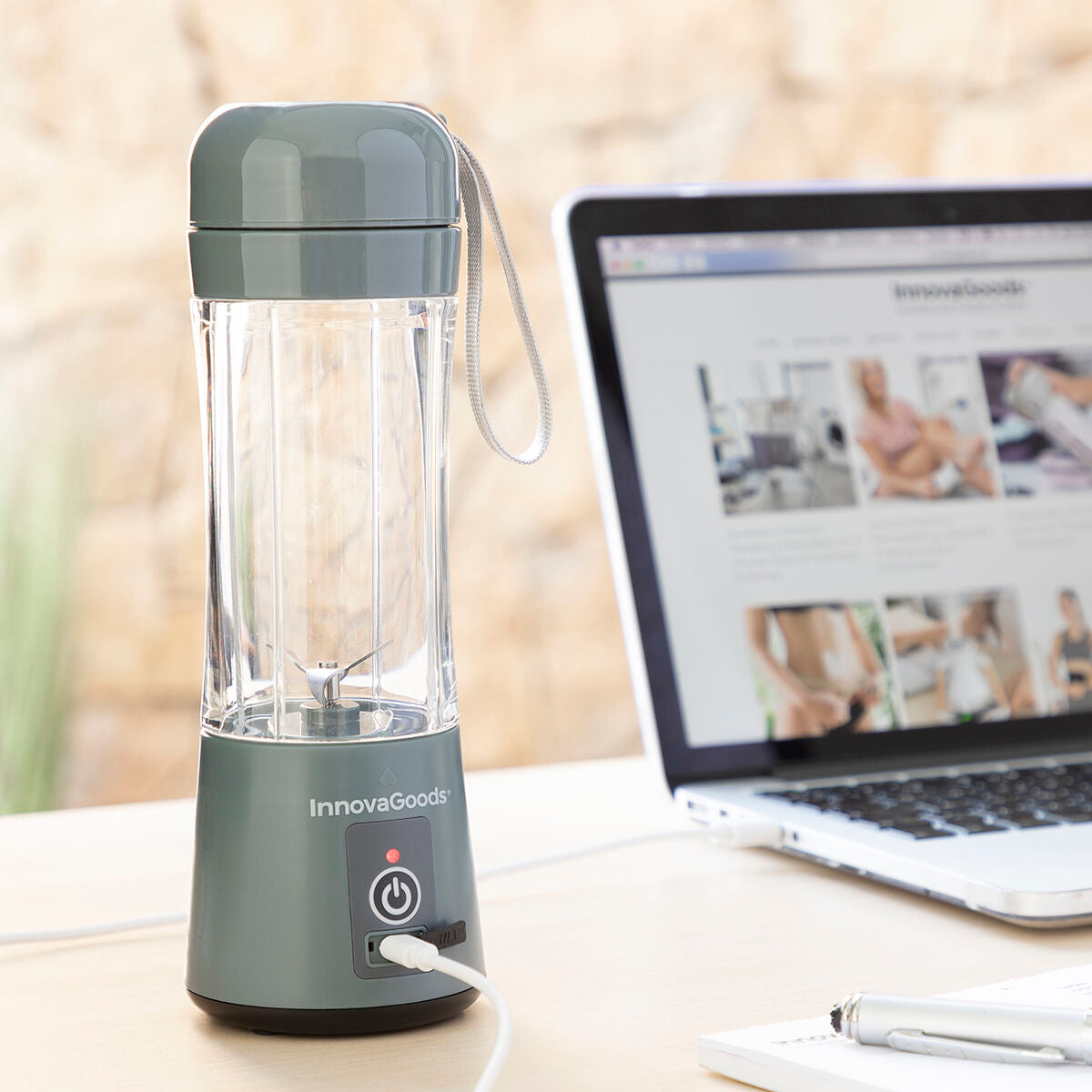 Kannettava smoothie-blenderi USB-ladattava, 380 ml, 4 terää, suodatin, harmaa – matkakäyttöön lahja smoothie-fanille – kuva 9