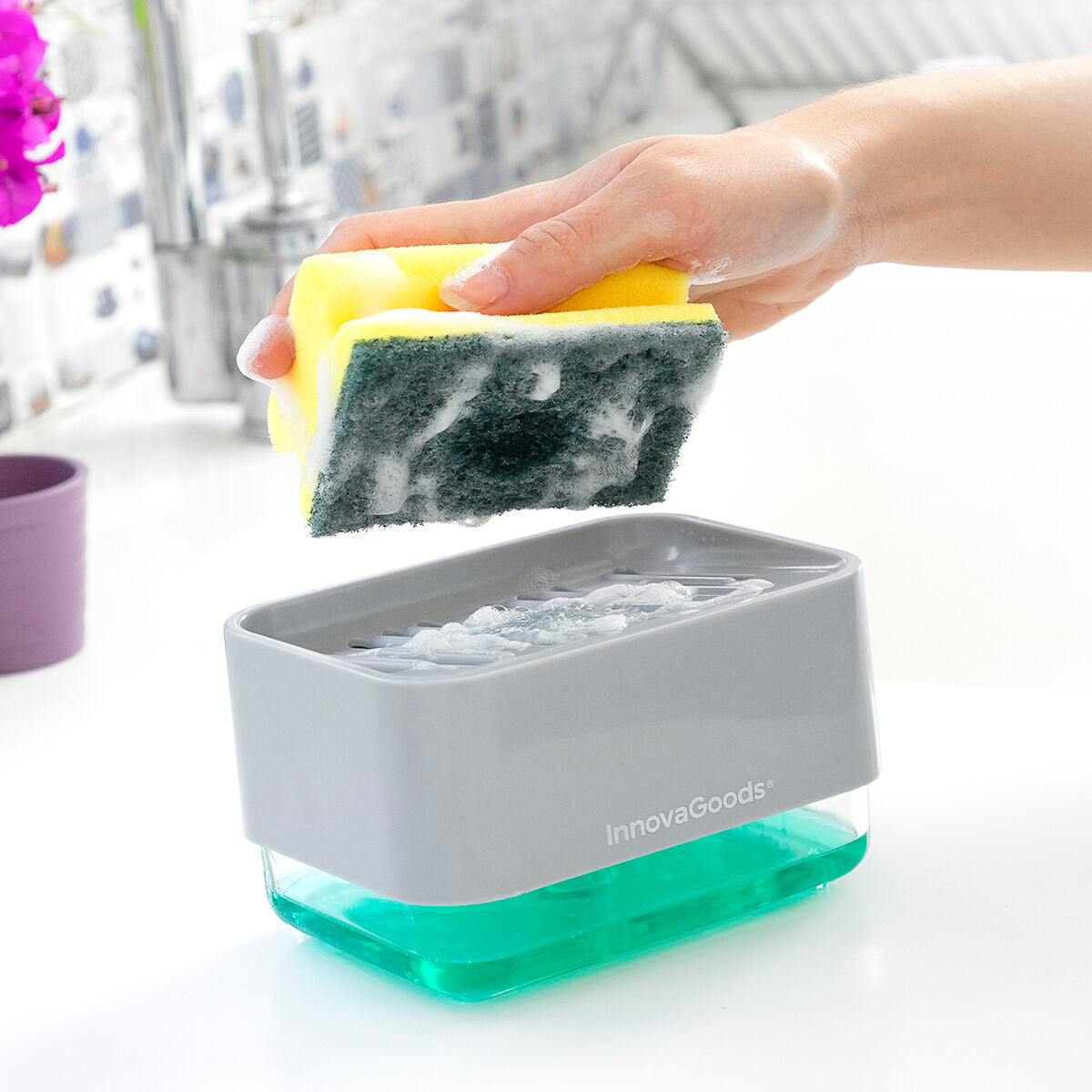 Keittiön pesuaineannostelija 2-in-1, sieniteline & valumisäiliö 330 ml – saippua-annostelija lahja uuteen kotiin – kuva 1