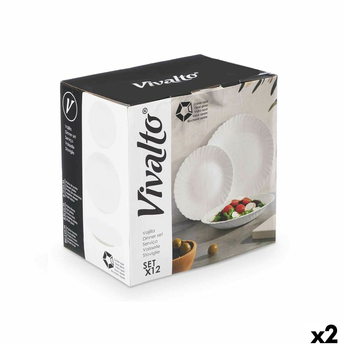 Astiasetti valkoinen opaliinilasi 12 osaa, lautaset 19/21,5/24 cm - 2 kpl