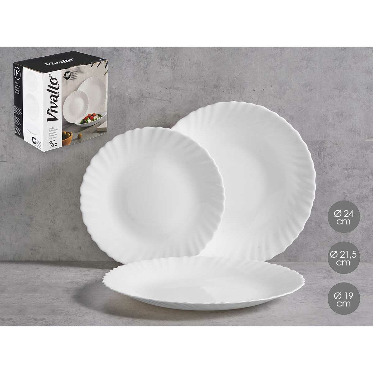 Astiasetti valkoinen opaliinilasi 12 osaa, lautaset 19/21,5/24 cm - 2 kpl