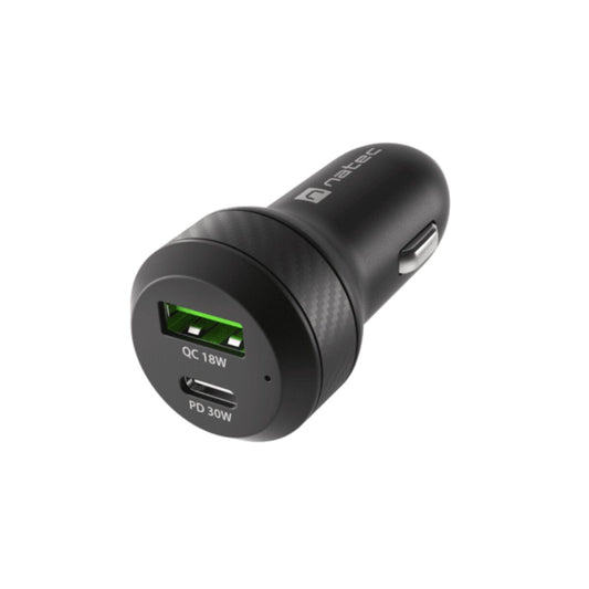 Autolaturi 48 W, USB-C PD 30W + QC 18W, 2-porttinen USB-C/USB-A, musta