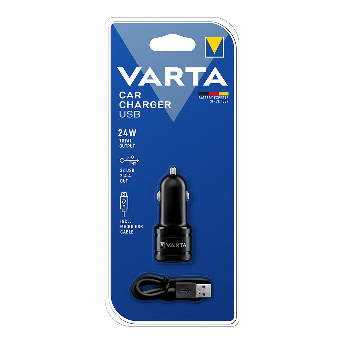 Autolaturi USB 2.0 autoon 2-porttinen 24W, micro-USB-kaapeli mukana - Varta