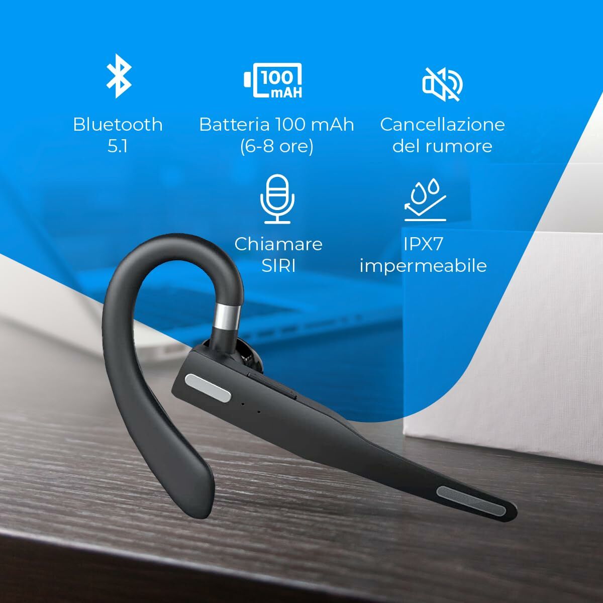 Bluetooth-kuuloke korvankoukulla, in-ear, langaton, muovinen runko, musta