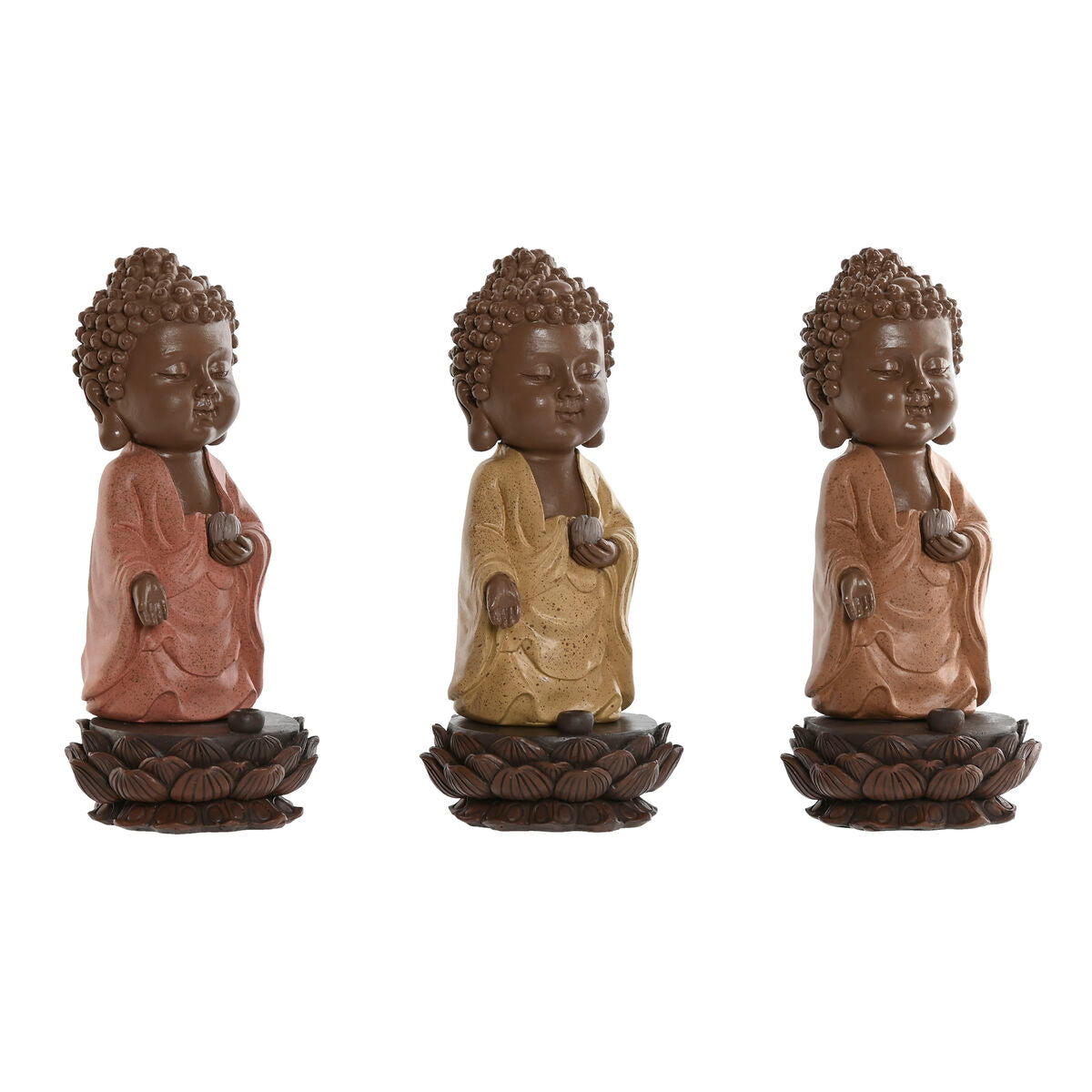 Buddha-koristehahmo 3 kpl, hartsi 9 x 9 x 21 cm, ruskea/oranssi/koralli/lime