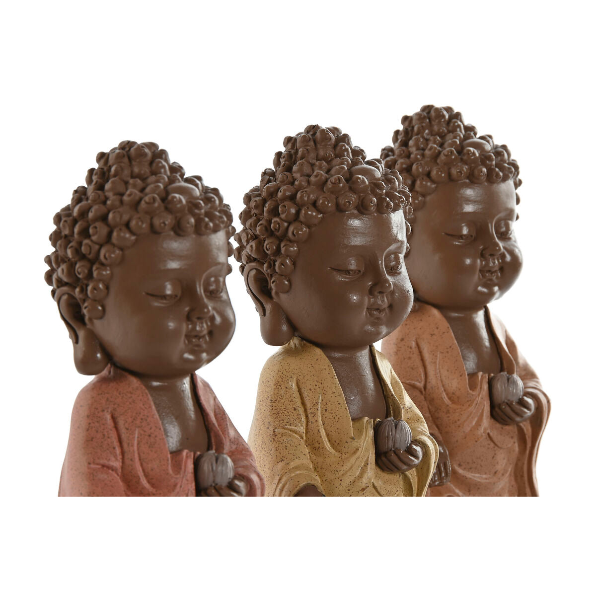 Buddha-koristehahmo 3 kpl, hartsi 9 x 9 x 21 cm, ruskea/oranssi/koralli/lime