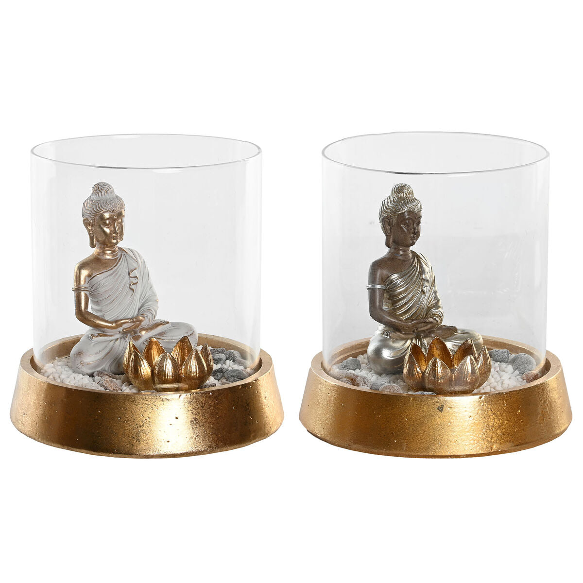 Buddha koristehahmo itämainen kullattu & hopea lasikuvulla 2 kpl, 16 x 16 x 18 cm