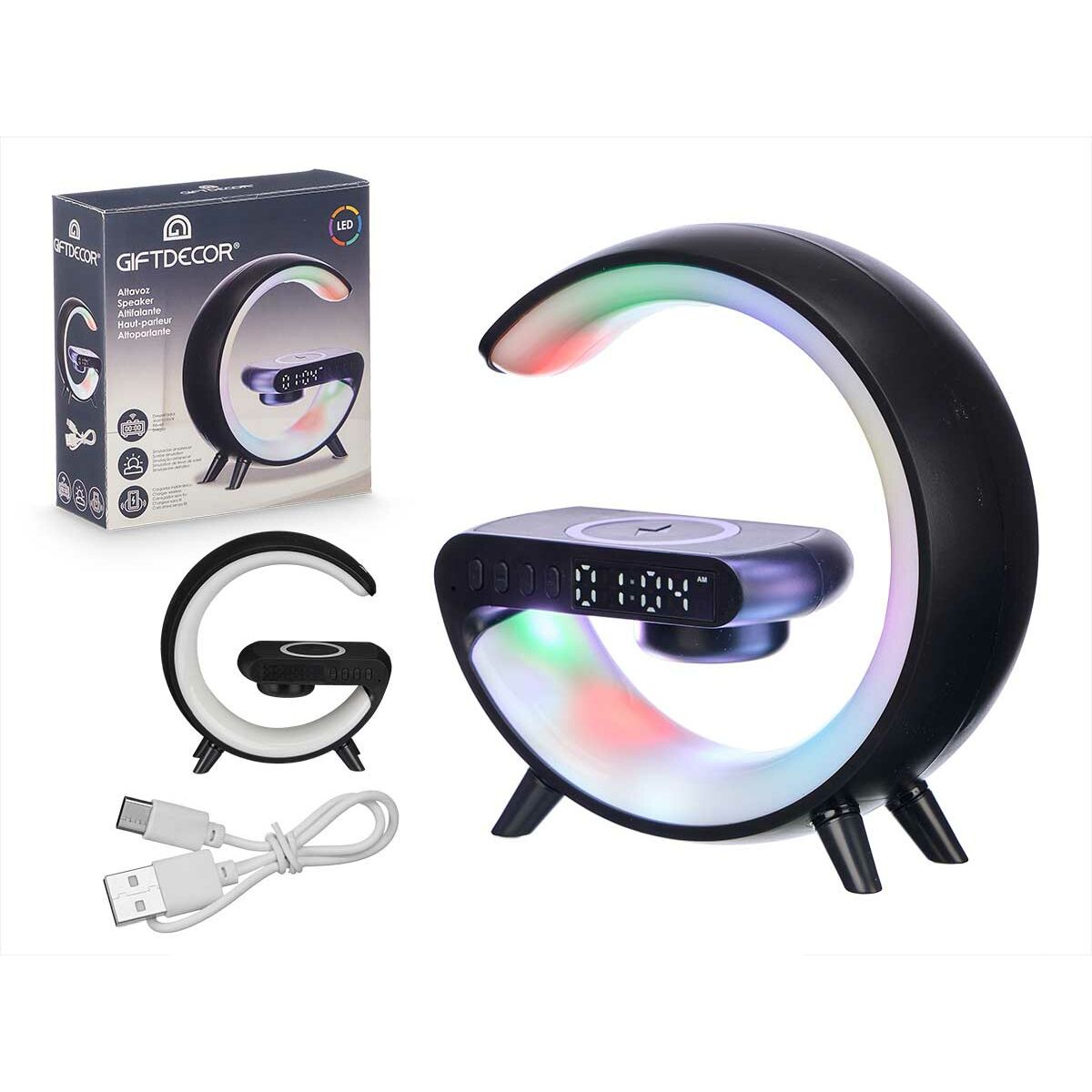 Digitaalinen pöytäkello, Qi-lataus & Bluetooth-kaiutin, RGB-valaistus musta