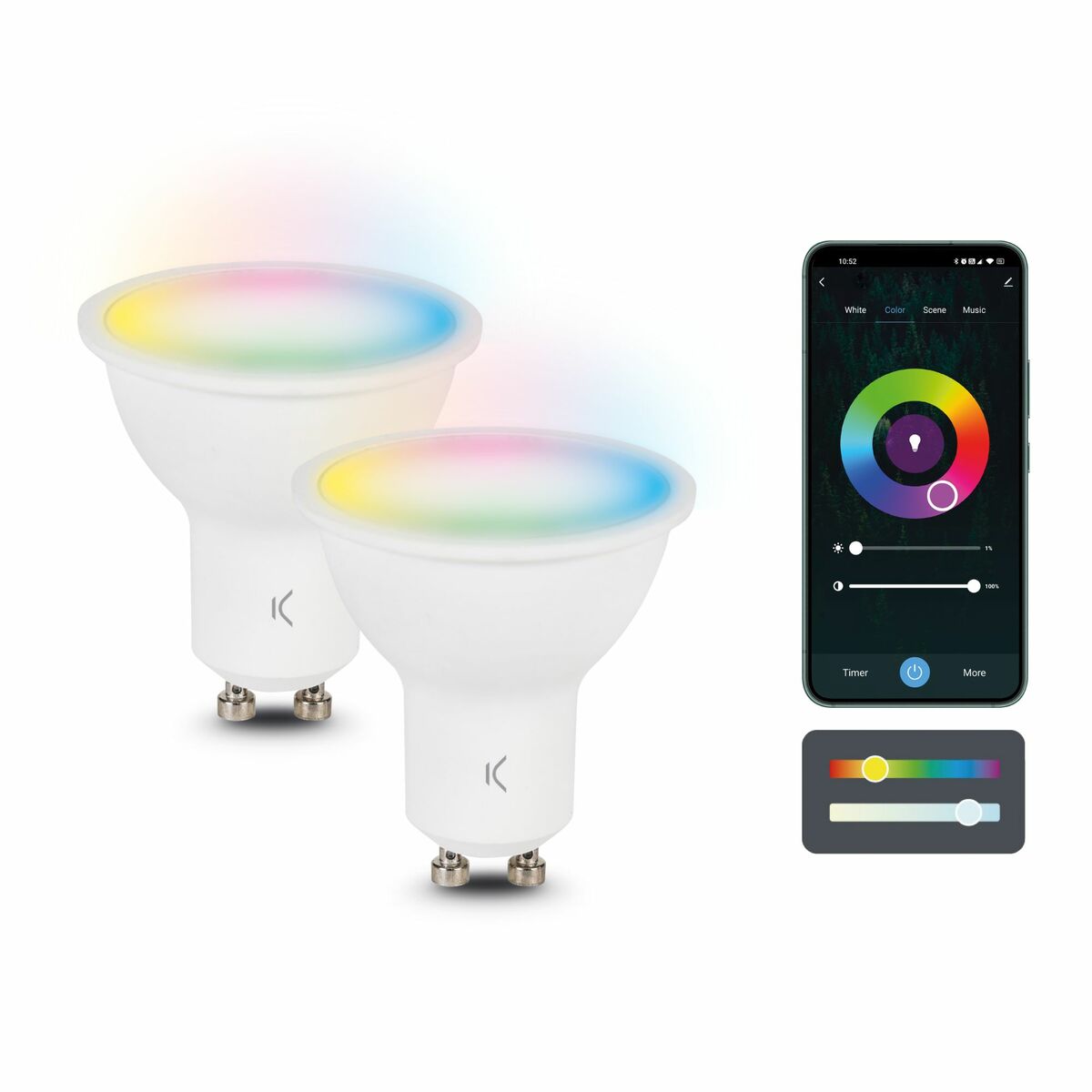 GU10 LED-lamppu 5,5 W, säädettävä väri & 3000–6500K, Bluetooth, 2 kpl