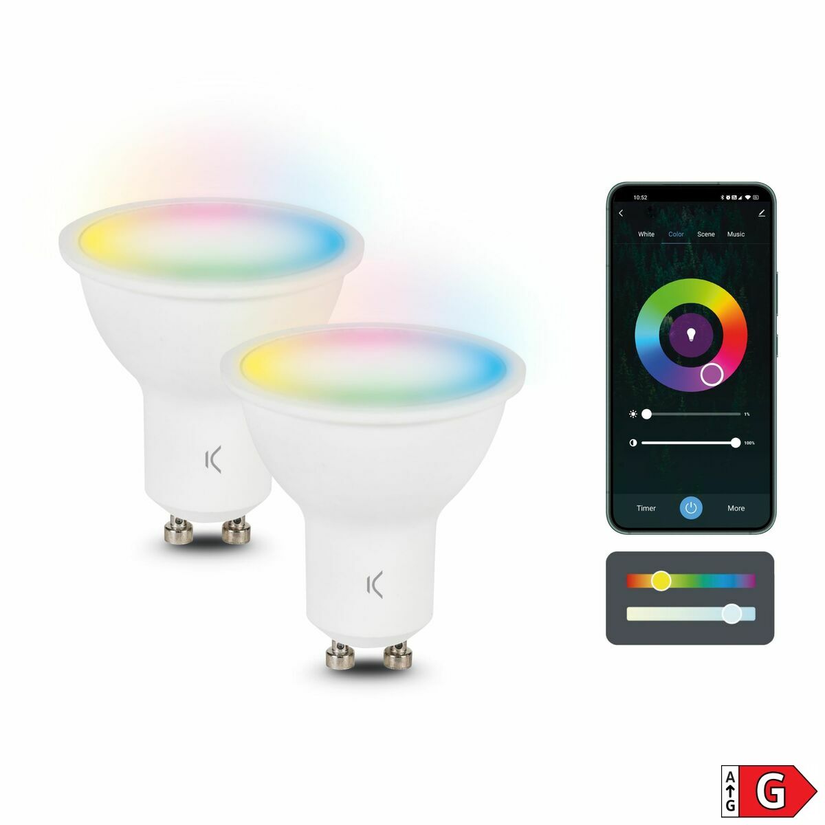 GU10 LED-lamppu 5,5 W, säädettävä väri & 3000–6500K, Bluetooth, 2 kpl