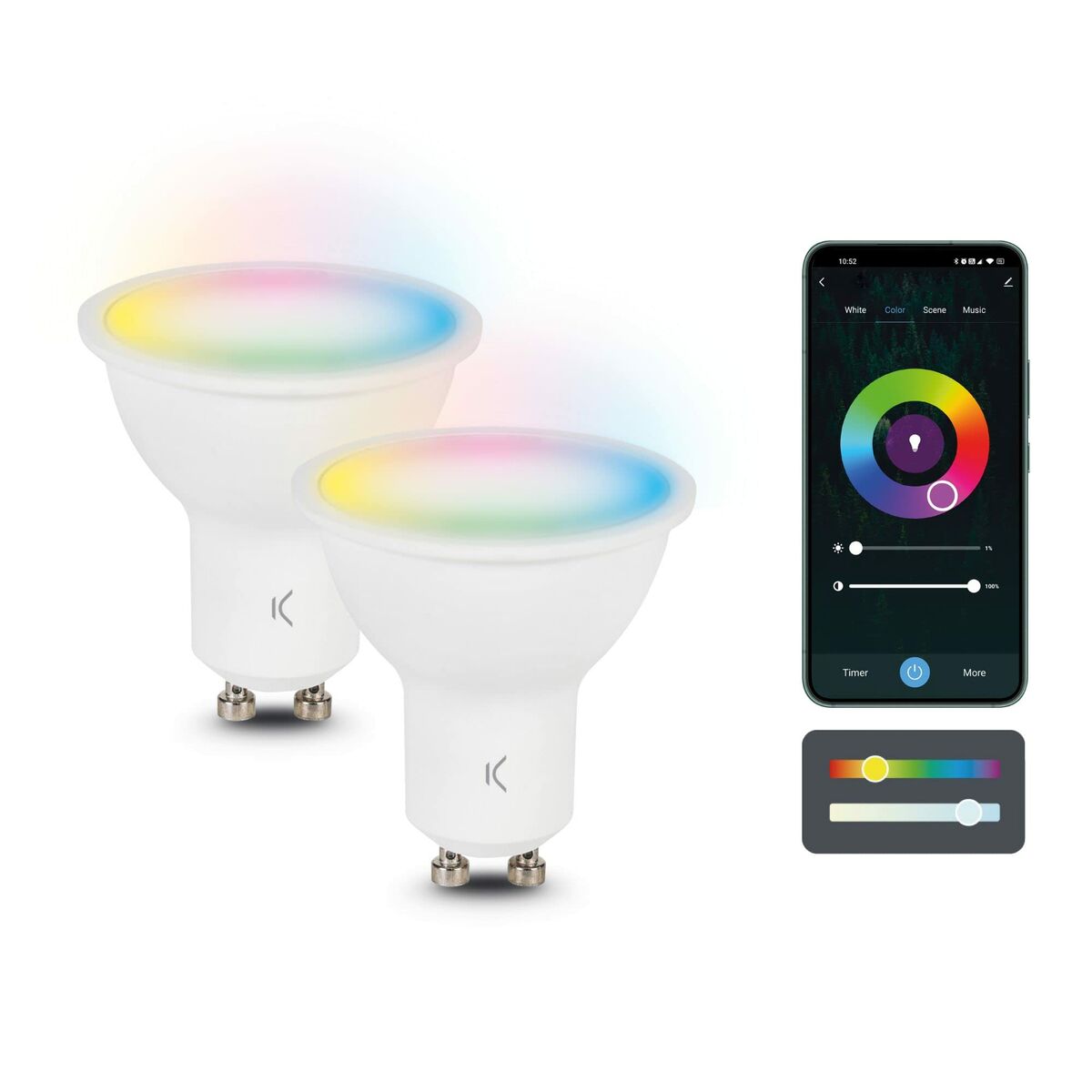 GU10 LED-lamppu 5,5 W, säädettävä väri & 3000–6500K, Bluetooth, 2 kpl