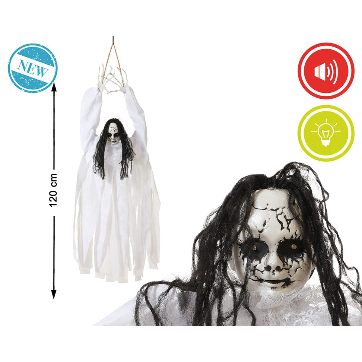 Halloween haamu 120 cm, ripustettava koriste, valo & ääni, pelottava tehoste