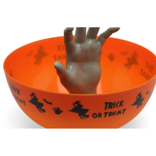 Halloween-karkkikulho nousevalla kädellä, oranssi pelottava koriste juhliin
