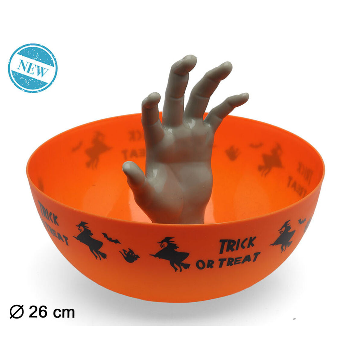 Halloween-karkkikulho nousevalla kädellä, oranssi pelottava koriste juhliin