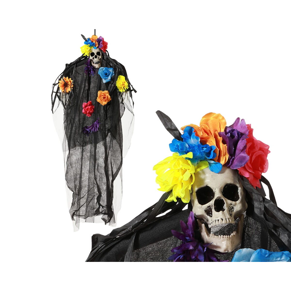 Halloween-koriste 100 cm, roikkuva meksikolainen nainen, kallo & kukkaseppele, juhliin