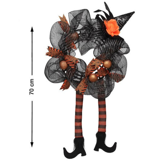 Halloween-kranssi noidan jaloilla 70 cm, ovikoriste musta-oranssi, juhlakoriste
