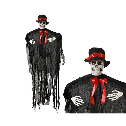 Halloween-luuranko 95 x 75 cm, roikkuva koriste, hattu & punainen nauha