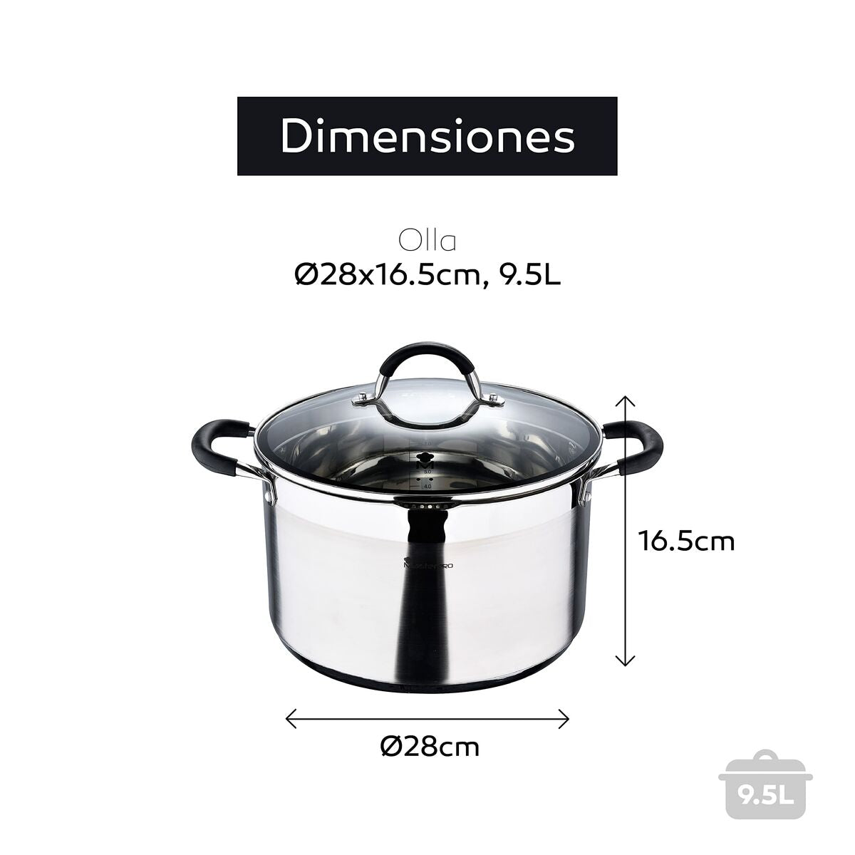 Hidaskeitin 9,5 l ruostumaton teräs ø 28 cm lasikansi sopii isolle perheelle