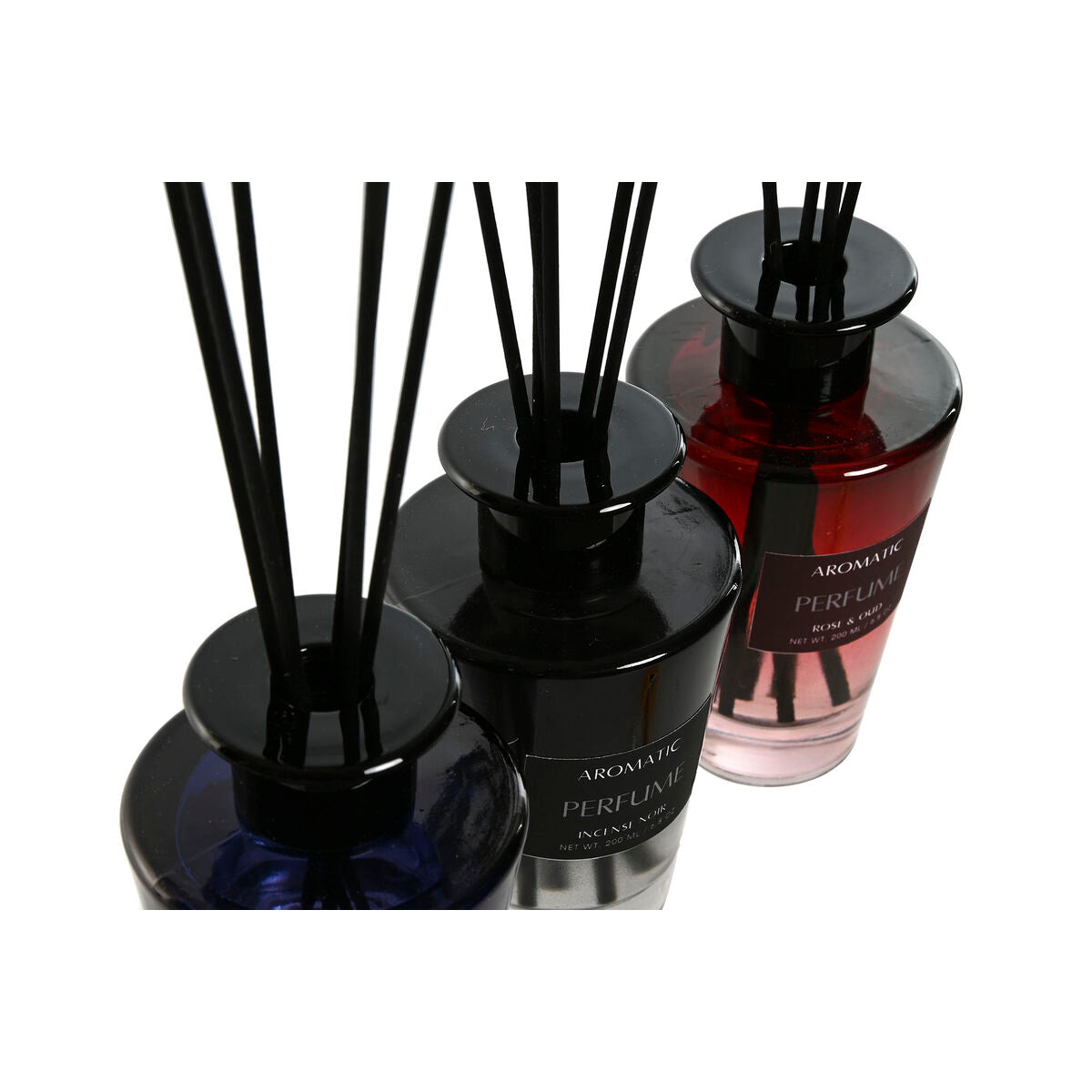 Huonetuoksu 200 ml 3 kpl diffuuseri lasipulloissa - sininen, musta, ruusu