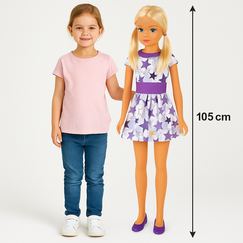 Iso Nukke 105 cm, muotinukke lapsille 3+, mekkoasu, kangas & muovi, Maria Casual – muotinukke eroleikkinukke – kuva 1