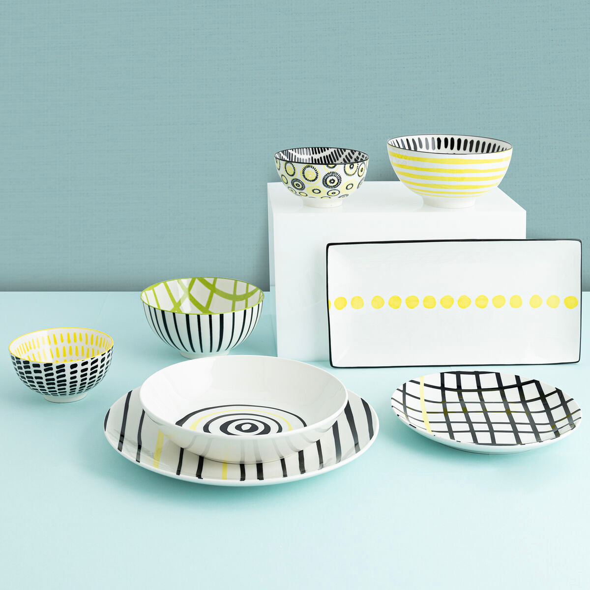 Jälkiruokalautanen 19 cm keramiikka, zigzag-kuvio monivärinen 12-osainen setti