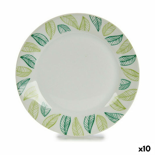 Jälkiruokalautanen Ø19 cm posliini, 10 kpl - valkoinen & vihreä lehti astiasto