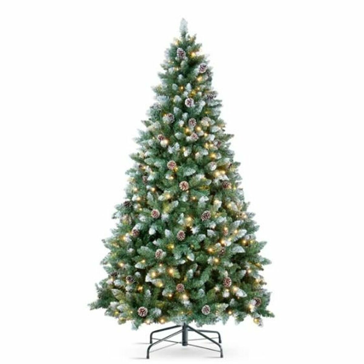 Joulukuusi 150 cm, LED-valot, lumisumuiset oksat & kävyt, keinokuusi